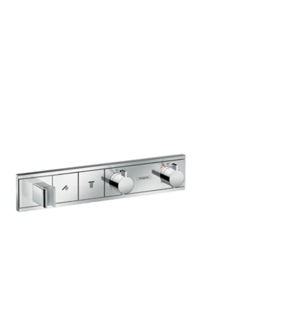 Hansgrohe Thermostat mit zwei Bedienknöpfen und integriertem Brausehalter in Chrom. Geeignet für die wandmontierte Anwendung.